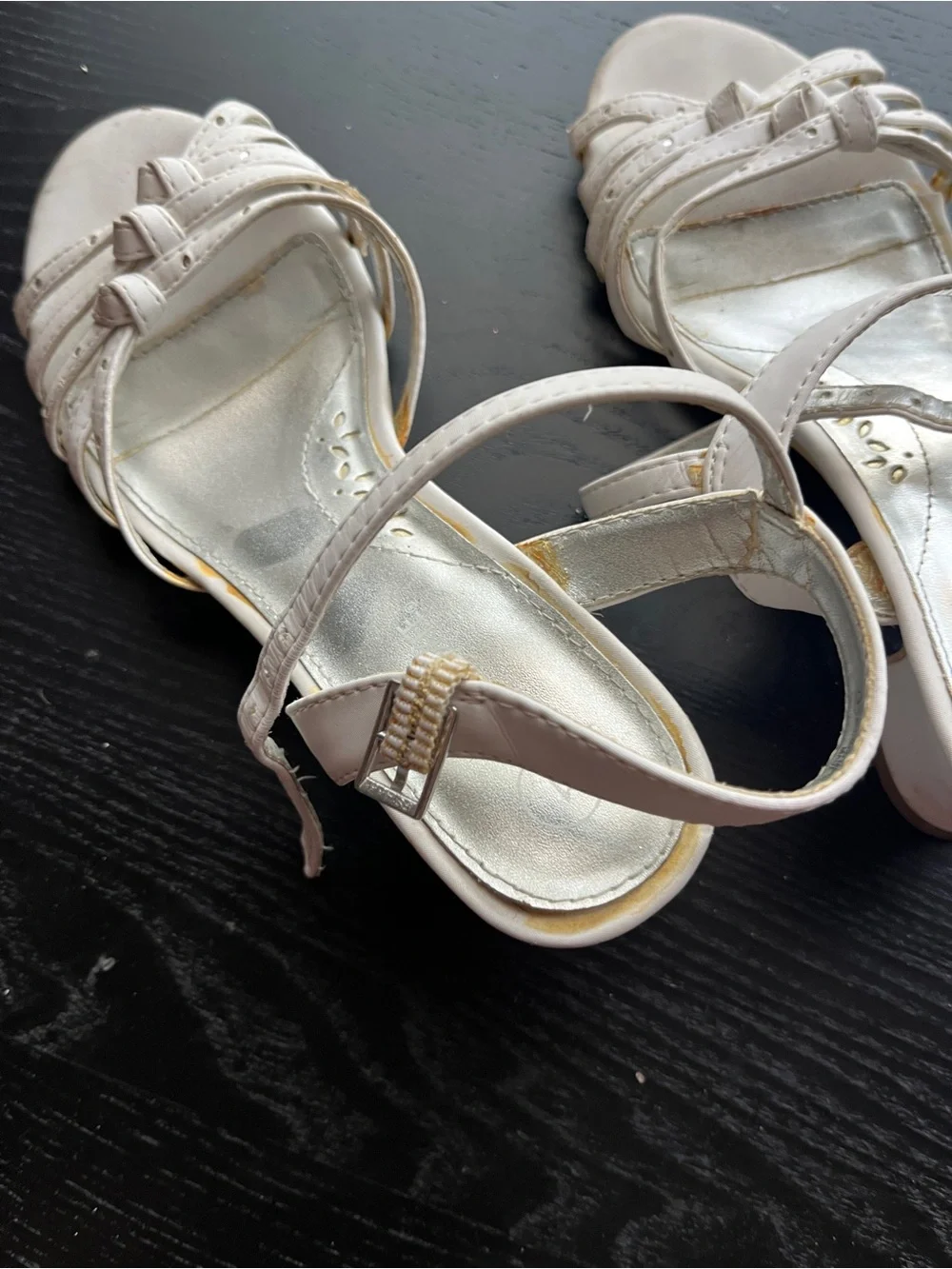 Cherokee White Faux Leather Strappy Block Heel Sandals Size 1 Rhinestone Girls